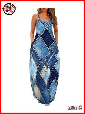 Womens Maxi Dress with Pockets Adjustable Spaghetti Strap Plus Size Loose Fit
